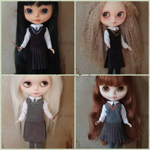 May include: Four dolls wearing different colored school uniforms with a black, white, and gray color scheme. Each doll has long hair and is holding a wand. The dolls are wearing a white shirt with a black or gray vest and a pleated skirt.