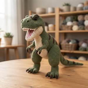 Puede incluir: Un juguete de Tyrannosaurus Rex tejido a ganchillo con un cuerpo texturizado en verde oliva y rayas marrón oscuro a lo largo de la espalda y la cola. El dinosaurio tiene el vientre color crema, la boca abierta con dientes blancos y garras marrones.
