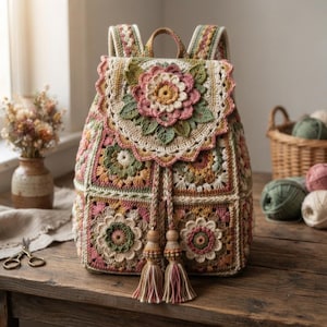 May include: A crochet backpack featuring a floral motif on the flap and square panels. The bag is constructed from yarn in shades of pink, green, cream, and brown. It includes a drawstring closure with two decorative tassels and two shoulder straps.