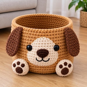 Puede incluir: Una cesta de almacenamiento redonda de ganchillo color canela con forma de perro. Presenta dos orejas caídas de color marrón oscuro, un hocico color crema, una nariz marrón oscuro, una boca bordada, dos ojos de plástico negro y dos patas color crema con almohadillas marrones.