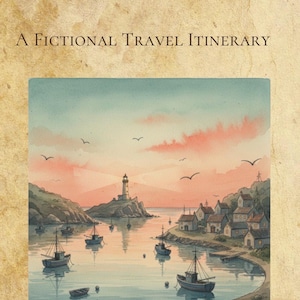 Könnte beinhalten: Ein Plakat mit dem Titel Port Meridian, A Fictional Travel Itinerary, Est. Somewhere In Your Imagination. In der Mitte befindet sich eine Aquarellillustration eines Küstendorfes mit einem Leuchtturm, kleinen Booten und einem Sonnenuntergang.
