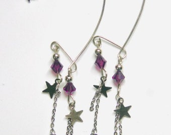 earwrap, 2 dangle silver star and chain, amethyst colored glass beads 9703