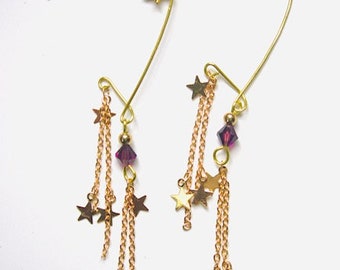 earwrap 2 dangle, gold chain and stars, purple amethyst glass beads. 9701