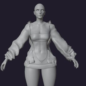 Może przedstawiać: Szary model 3D postaci ubranej w krótki top typu bandeau oraz kurtkę z długimi rękawami z głębokim wycięciem z przodu. Kurtka posiada marszczone rękawy, wysoki kołnierz oraz dwie przednie kieszenie z klamrami na linii talii.