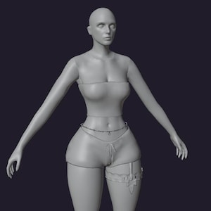 May include: A 3D digital model of a figure wearing a cropped tube top, short shorts with a drawstring, a delicate waist chain with a small heart charm, and a single garter belt on the left thigh featuring a decorative bow and dangling pendant.