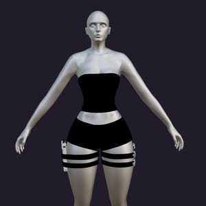 Könnte beinhalten: Eine graue Schaufensterpuppe trägt ein schwarzes trägerloses Oberteil und eine schwarze Shorts. Das Outfit umfasst zwei schwarze Beingurte, die jeweils aus zwei horizontalen Riemen mit weißen Schnallen an den Oberschenkeln bestehen.
