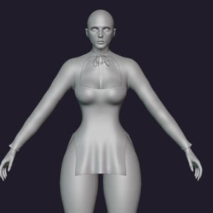 May include: A gray 3D digital model of a figure wearing a long-sleeved tunic with a high neckline, a small tie detail at the center of the chest, and side slits. The figure has a smooth, featureless surface and is presented in a neutral pose.