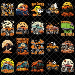 May include: A collection of twenty digital illustrations featuring orange monster trucks, construction vehicles, skeletons, ghosts, and pumpkins against a black background. The designs include text such as BOO-DOZER, IT'S FALL Y'ALL, TRUCK OR TREAT, and PUMPKIN CRUSHER.