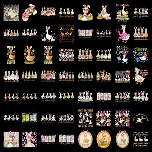 May include: A collection of digital graphic designs featuring geese wearing bunny ears, Easter eggs, and floral elements. The designs include various text phrases like 'Happy Easter', 'Silly Goose', and 'In My Granny Era' set against a solid black background.