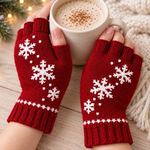 Strickanleitung für fingerlose Fäustlinge (PDF) | Schneeflockenmuster-Handschuhe | Handgelenkwärmer für Damen aus DK-Wolle