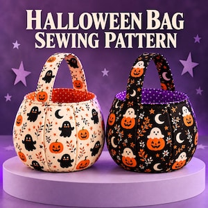 May include: Two fabric Halloween bags with handles, one with a cream background and one with a black background, both featuring orange jack-o'-lanterns, white ghosts, moons, and foliage patterns. The text reads HALLOWEEN BAG SEWING PATTERN.