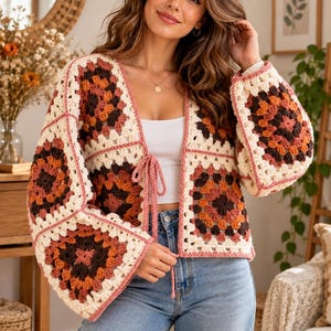 Granny Square Crochet Cardigan Pattern PDF | Boho Patchwork Cardigan | Cropped Tie Front Sweater | Bell Sleeve Crochet Top