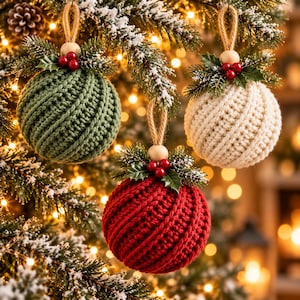 May include: Three spherical Christmas baubles featuring a textured crochet knit pattern in olive green, cream, and deep red. Each bauble is topped with a wooden bead, a jute twine hanging loop, and a sprig of green holly leaves with red berries.