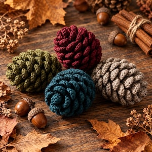 Puede incluir: Un conjunto de cuatro piñas de ganchillo en rojo oscuro, verde oliva, azul verdoso y beige, dispuestas junto a bellotas naturales y ramas de canela. Cada piña presenta una construcción de hilo texturizado que imita las escamas naturales.