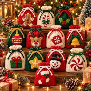 Può includere: Una collezione di dodici piccoli sacchetti regalo all'uncinetto con coulisse nei colori rosso, verde e crema. Ogni sacchetto presenta un'applicazione unica a tema natalizio, tra cui un omino di pan di zenzero, un bastoncino di zucchero, agrifoglio, pallina, renna, guanto, campana, regalo, stella, pupazzo di neve, menta e una calza.