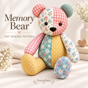 May include: A stuffed bear made of various fabric patches including floral, polka dot, and gingham patterns in pink, yellow, blue, and green. The text Memory Bear PDF Sewing Pattern and DovenDaisy are visible on the image with a small heart icon.