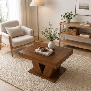 May include: A square, dark brown wooden coffee table with a thick tabletop and a V-shaped pedestal base. The table is positioned on a textured beige rug and holds a stack of two books topped with a small, round wooden bowl containing brown items.