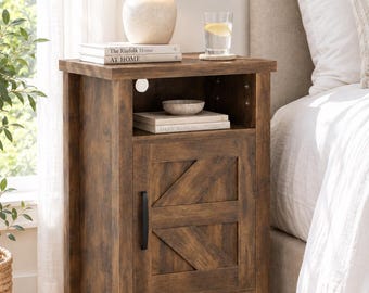May include: A brown wooden nightstand with a distressed finish, featuring an open top shelf and a lower cabinet door with a diagonal cross-brace design and a black metal handle. The nightstand has a rectangular top surface and four legs.