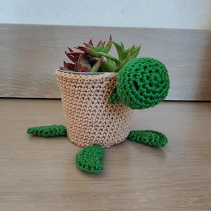Peut inclure: Un pot de fleurs cylindrique recouvert d'une housse en crochet beige en forme de tortue. La tortue possède une tête ronde verte, quatre petites nageoires vertes et un corps beige texturé. Une plante succulente aux feuilles vertes et rouges.