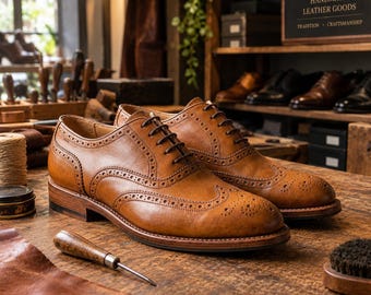 Handmade Brown Leather Brogue Oxford Shoes, Men's Formal Dress Wedding Office Footwear