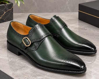 Handgefertigte grüne Herren-Brogue-Schuhe aus Leder mit einfachem Monk-Strap – formelle Schuhe für Büro und Hochzeit