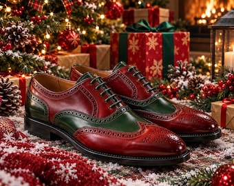 Handgefertigte Brogue-Oxford-Schuhe in Burgunderrot und Grün, elegante Lederschuhe für Herren – das perfekte Weihnachtsgeschenk