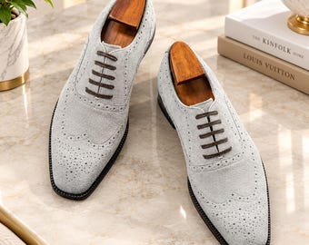 Chaussures Richelieu à bout golf en daim gris clair, faites main, à lacets, pour homme, chaussures habillées de bureau