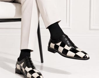 Black White Checkerboard Leather Oxford Shoes for Men, Handmade Dress Shoes, Stylish Formal Footwear
