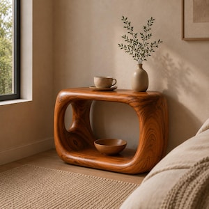 Peut inclure: Une console basse rectangulaire en bois aux coins arrondis et au centre évidé. La table présente un motif de grain de bois prononcé dans un ton brun chaud. Une tasse en céramique beige sur une soucoupe et un vase avec du feuillage vert.
