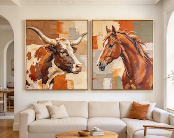 Hand-Painted Longhorn and Horse Diptych Set, Western Ranch Wall Art, Western Equestrian Wall Art, Rustic Equestrian Art (Set of 2)