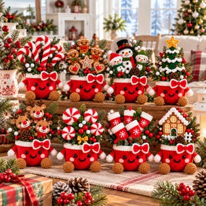 May include: A collection of eight crocheted red pots with smiling faces, each decorated with a white bow and filled with various Christmas-themed items including candy canes, gingerbread cookies, snowmen, trees, reindeer, and stockings.