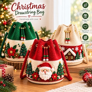 May include: Three crochet drawstring bags featuring festive holiday themes. One bag is green and cream with poinsettias and trees, one is cream and red with a house, and one is red and cream with a Santa Claus face, poinsettias, and trees.