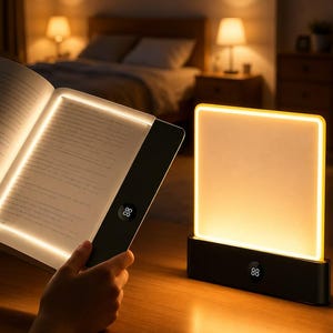 Könnte beinhalten: Eine tragbare, rechteckige LED-Leseleuchte mit schwarzem Sockel und warm leuchtendem Panel. Eine Einheit beleuchtet ein aufgeschlagenes Buch, während eine zweite identische Einheit aufrecht steht, beide mit einer kleinen Digitalanzeige am Sockel.