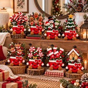 May include: Eight crocheted red pots with smiling faces, each holding a unique Christmas arrangement including gingerbread figures, candy canes, snowmen, a tree, reindeer, peppermint swirls, stockings, and a gingerbread house.