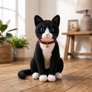 Op de afbeelding: Een gehaakt zwart-wit kattenfiguurtje met helderblauwe ogen, een roze neus en lange witte snorharen. De kat draagt een rode halsband met een klein gouden belletje. Het lichaam is zwart met witte pootjes, een witte borst en een wit gezicht.