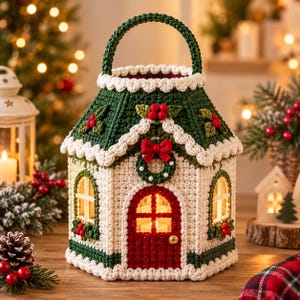 May include: A crocheted house-shaped lantern featuring a cream-colored base, a dark green roof, and a red door. The structure is decorated with crocheted holly leaves, red berries, and a small wreath with a red bow. It has a green handle.