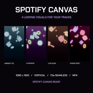 May include: A digital graphic titled SPOTIFY CANVAS 4 LOOPING VISUALS FOR YOUR TRACKS. It displays four vertical panels with floating geometric shapes in blue, purple, orange, and pink. Text includes AMBIENT ICE, HYPERPOP, LOFI DUSK, PHONK DRIFT, 1080 x 1920, VERTICAL, 7.5s SEAMLESS, MP4, and SPOTIFY CANVAS READY.
