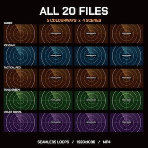 May include: A digital collection of 20 animated video files featuring a radar screen graphic in five colorways: amber, ice cyan, tactical red, toxic green, and violet signal. Each color includes four scenes with text: Starting Soon, Be Right Back, and Stream Ended.