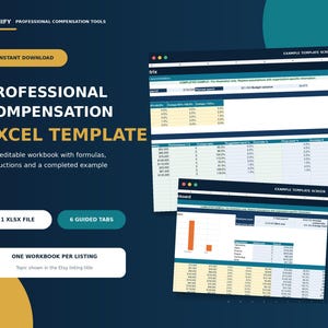 May include: A professional compensation Excel template featuring a dark blue background with yellow and teal accents. The text reads Kennify Professional Compensation Tools, Instant Download, and Professional Compensation Excel Template.