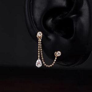 Colgante de piercing con cadena de diamantes de laboratorio en forma de pera, accesorio para la oreja de oro macizo de 14k, cadena de diamantes de 0,20 ct para pendientes de botón planos, joyería delicada para la oreja