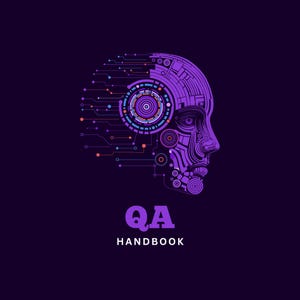 May include: A purple graphic illustration of a human profile head composed of intricate circuit board patterns and concentric circles. Below the head, the text reads QA HANDBOOK in bold purple and white letters against a dark background.