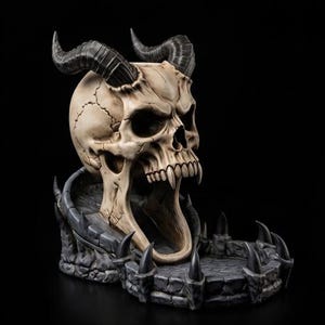 May include: A beige skull with two large dark gray horns and an open jaw, positioned above a circular dark gray stone-textured base featuring small spikes along the perimeter. The skull has visible cracks and detailed teeth, creating a hollow structure.