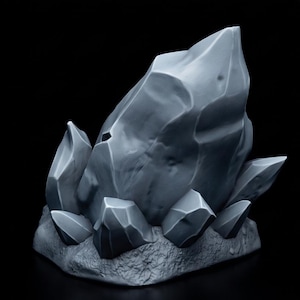 May include: A gray, unpainted 3D printed sculpture of a large central crystal formation surrounded by smaller, jagged crystal shards. The object features a textured, rocky base and sharp, angular facets throughout the entire mineral cluster design.