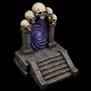 May include: A stone-textured staircase leading to a portal with a swirling purple vortex. The structure is framed by two pillars topped with five realistic human skulls in varying sizes, featuring weathered gray tones and bone-colored details.