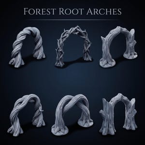 May include: A set of six gray miniature Forest Root Arches featuring various twisted, thorny, and bark-textured designs. Each arch is sculpted with organic, wood-like details, showcasing different root formations and branch structures for tabletop gaming.