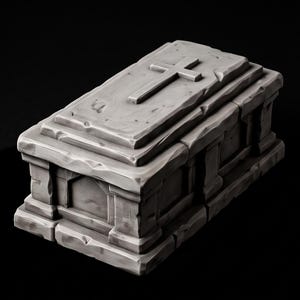 May include: A rectangular stone-colored sarcophagus featuring a raised cross on the lid. The object has a weathered, textured surface with carved panel details along the sides and a stepped lid design, presented against a solid black background.