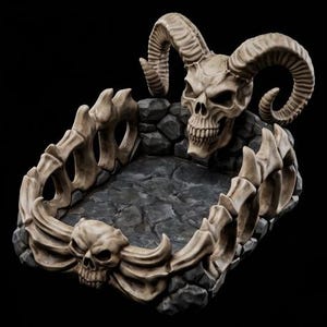 May include: A rectangular tray featuring a base with a dark gray stone texture. The perimeter is constructed from beige bone-like structures, accented by a skull with large curved horns at the back and a smaller skull centered on the front edge.