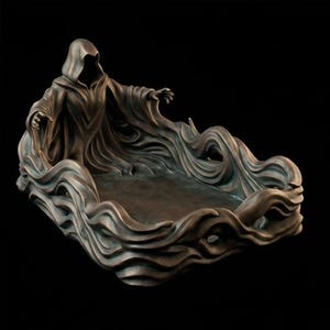 May include: A dark bronze-colored decorative tray featuring a hooded, faceless figure with outstretched arms emerging from swirling, wave-like patterns that form the raised edges of the rectangular container against a solid black background.