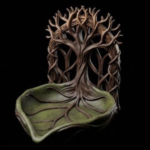 May include: A decorative bowl shaped like a large green leaf with prominent veins, featuring an upright brown tree structure as a backrest. The tree has intricate, branching limbs that form a circular frame behind the leaf-shaped basin.
