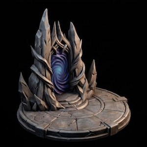 May include: A miniature stone portal structure featuring jagged, grey rock formations surrounding a swirling, purple and blue vortex. The structure sits on a circular, segmented stone platform with a weathered, textured finish and sharp edges.